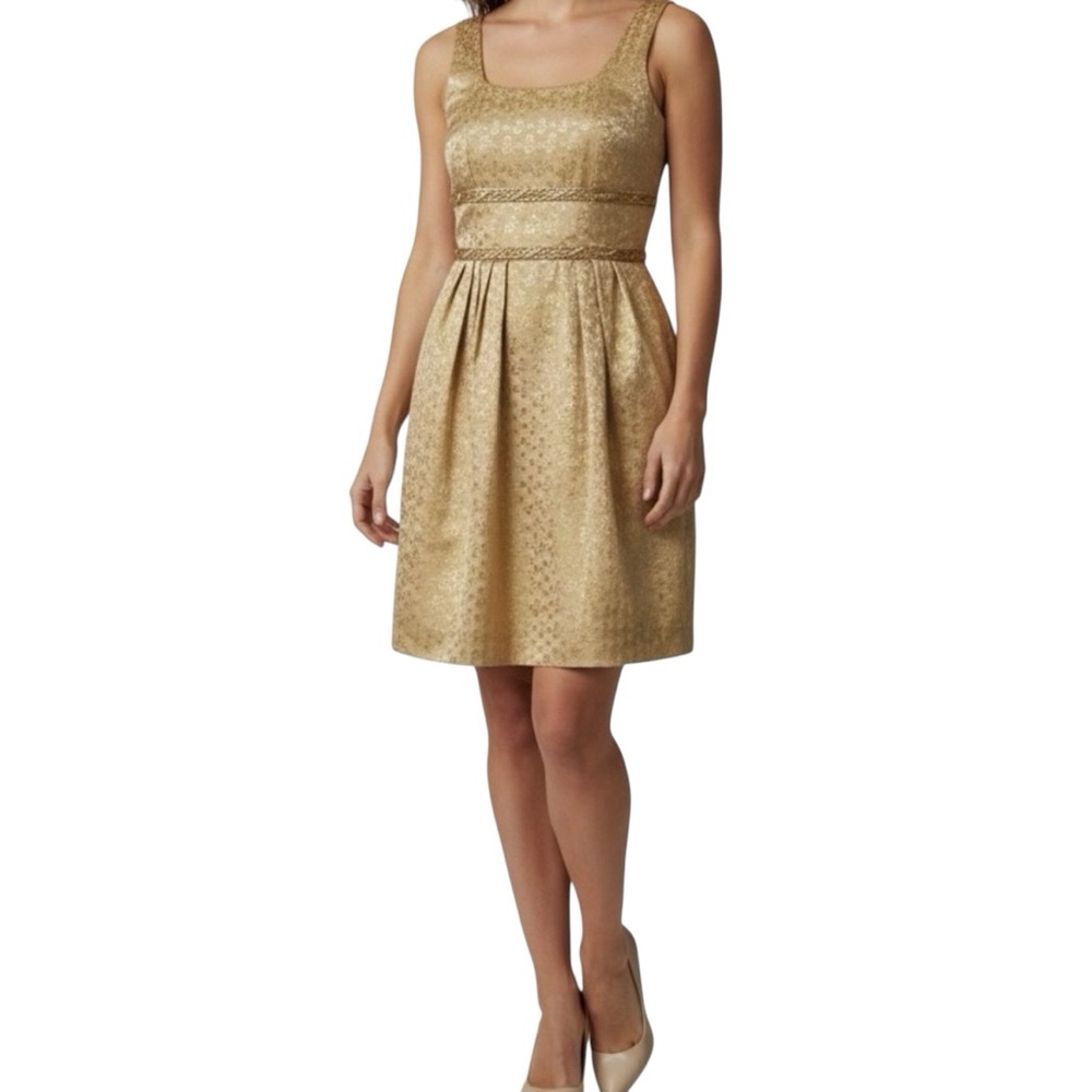 Carmen Marc Valvo Gold Metallic Brocade Fit & Flare Dress (Size 2) - Picture 2 of 10